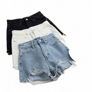 Coréen Fi Summer Shorts Femmes Trou Taille Haute Jeans Courts Bavures Femme Construire Un Mot Déchiré Pantalons Courts À Jambes Larges Streetwear X9oA #