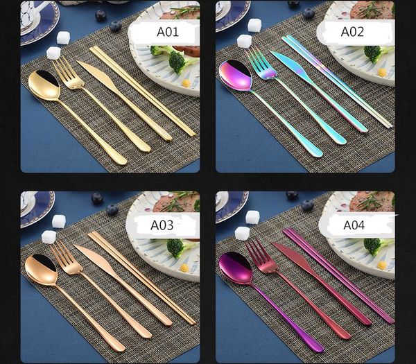 Ensembles de couverts coréens en acier inoxydable à long manche couteau fourchette cuillère baguettes ensemble couverts colorés pour accessoires de cuisine de mariage SN3390