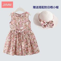 Coréen floral imprimé enfant fille coton robe de coton avec chapeau jolie robe de soleil fleurs d'été vêtements pour enfants 210529