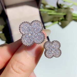 Coréen plein diamant trèfle concepteur bagues de luxe fleur douce argent anneau ouvert bijoux saint valentin cadeau