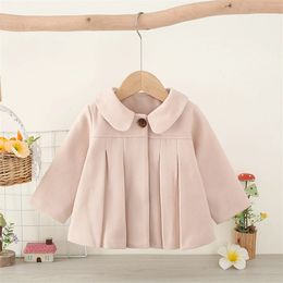Ropa de niña coreana, solapa para niños, chaqueta con botones de manga larga, tela de lana para bebé, chaqueta suelta de color sólido de invierno 240123