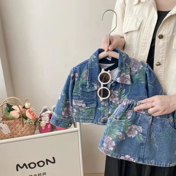Filles coréennes bébé floral pinté denim vêtements ensemble vestesjupes mode enfants enfants fleurs jeans printemps automne vêtements 240307