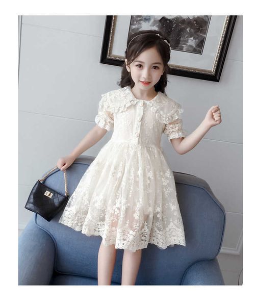 Filles coréennes dentelle longue blouse robe trapèze pour enfants bambin boutique emvroidery col rabattu vêtements d'été 210529