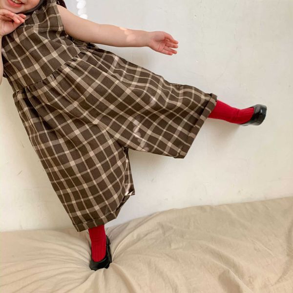 Filles coréennes Plaid Checks Pantalon global pour enfants Combinaison d'été Enfant en bas âge Tissu en coton Vêtements de mode 210529
