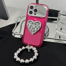 Koreaanse vergulde hanger ronde armband met groot venster telefoonhoes geschikt voor iPhone 13 Pro Max 14 Plus 12 11 diamanten hartspiegelhouder 240102