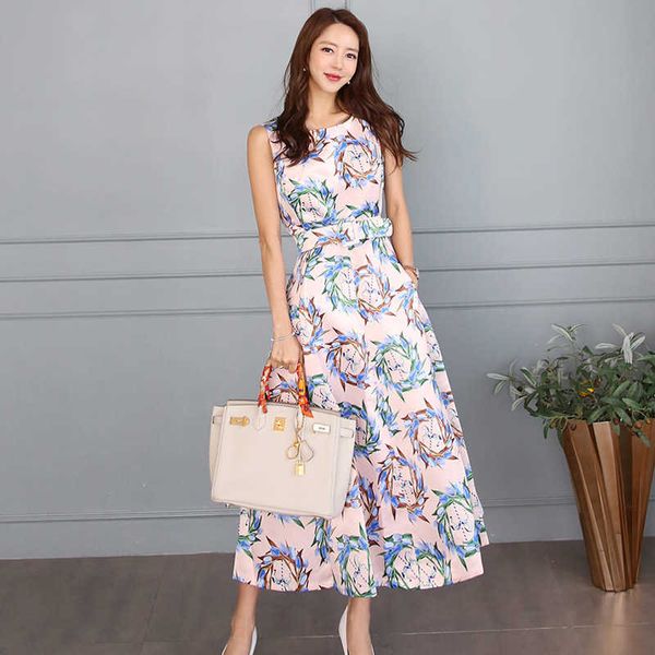 Coréen haute qualité imprimé floral femmes robe d'été mode swing vintage a-ligne fête es avec ceinture 210529