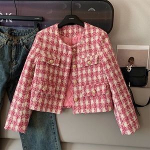 Veste à carreaux de couleur coréenne pour femme, manteau court en Tweed rose, mode élégante, Cardigan à simple boutonnage, hauts, costume à col unique, 240112