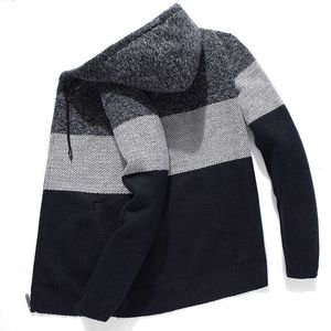 Koreaanse trui met capuchon trui kleding voor mannen fleece gebreide gestreepte mannen hoodies cardigan jas winter rits oversized trui Hombre 210601