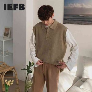 Chaleco kintted coreano IEFB para hombres solapa de otoño de otoño suéter de tejido de punto suelto chaleco sleeveless wam tops 9Y4238 210923