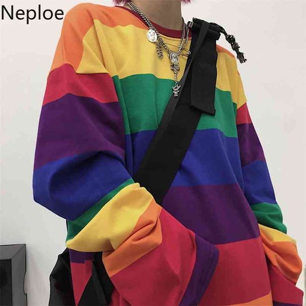 Coreano Ins Otoño Apring Rainbow Rayas Camiseta de manga larga Mujer Loose Bf Style O Neck Casual Tees Cutton Wild Top 210422
