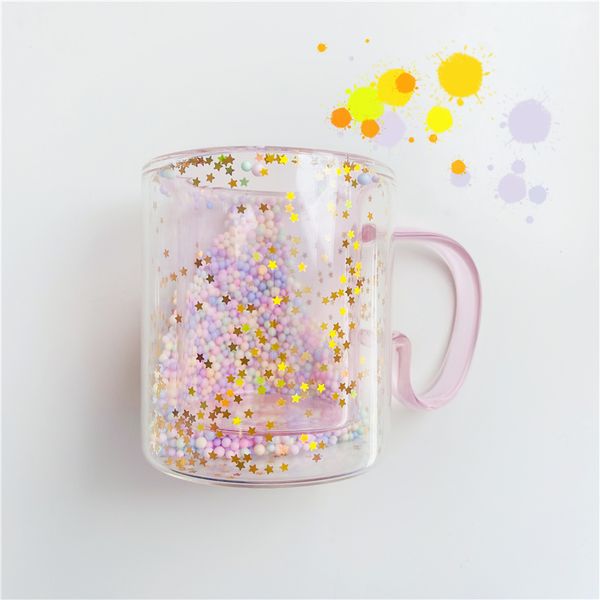 Corea Ins Girl Heart Kawaii Bubble Star Sky Cup Star Sequin Glass Doble Wall Glass Café Caza de leche resistente al calor Copa de leche resistente al calor