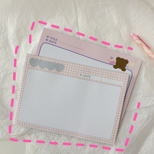Corée Ins Pink Grid mignon Bear Memo Pad 30 Feuilles A5 Papier de note d'apprentissage étudiant Crosswise Laissez un message Kawaii Stationery