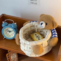 Korean Ins Style Cute Cartoon Bear Storage Band Desktop Office Straw Diody Storage Basket