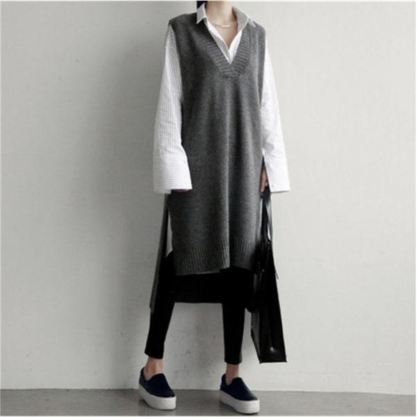 Coréen INS vent pull gilet court devant et dos long gilet jupe tricoté col en V épaissi mi-long pull jupe 201223