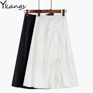 Koreaanse onregelmatige trekkoord witte gereedschapsrok Student Vintage A-lijn hoge taille geplooide rok zomer dames rok streetwear 210619