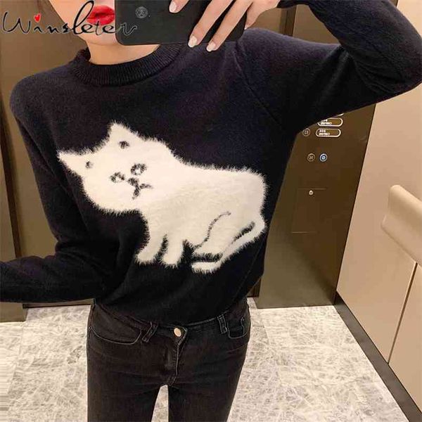 Style japonais coréen pull ample noir blanc chat Patchwork couleur bloc à manches longues mignon pull hauts pull T00401A 210421