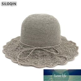 Sombrero de paja de señora tejido de hierba especialmente fino de estilo japonés coreano, sombreros de cubo hechos a mano plegables, ala ancha de playa elegante a la moda