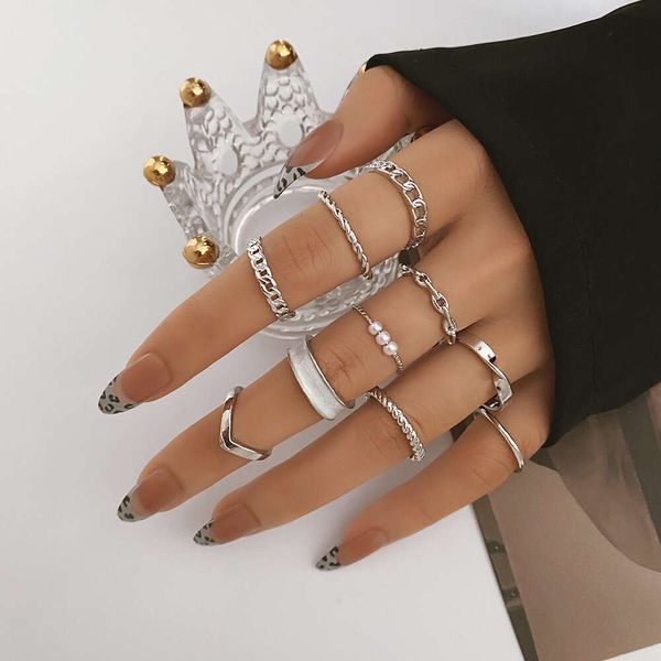 Complejo de joyería coreana Mase de metal Twists Pearl Pearl 10 piezas Set Hollow Simple Opening Ring