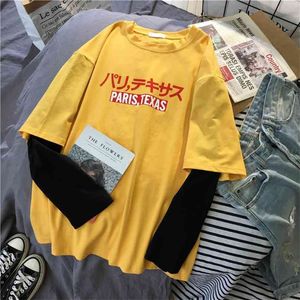 Coréen kawaii jaune t-shirt femmes à manches longues O cou T-shirts automne hauts t-shirt décontracté lettre imprimé Harajuku femme t-shirt 210720