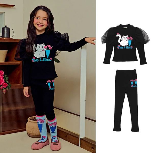 Camisetas coreanas para niñas, Leggings, otoño 2023, ropa negra de manga larga con estampado de gato para niños de 2 a 7 años 240220