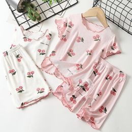 CORÉANT ENFANTS SUMME PAJAMAS SETT MIGNE CERRERY T-shirt Baby Girl Clothes Clans courtes Shorts 2PCS Toddler Home Loungewear 240506