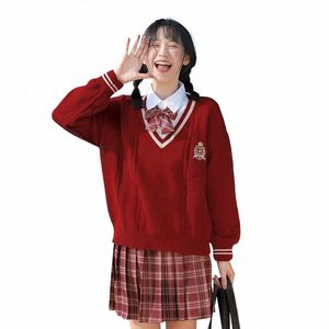 Koreaanse gebreide rode jas Student rode trui Winter schoolkleding Lg mouw jas meisjes truien Japanse DK JK uniforme trui p47W #