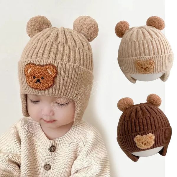 Bonnet bébé tricoté coréen avec oreillettes mignon ours pompon enfants chapeau Beanie chaud automne hiver garçons filles Protection des oreilles Bonnet casquettes
