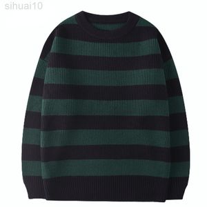 Korean gebreide trui mannen vrouwen Harajuku Casual katoenen trui tate langdon trui dezelfde stijl groen gestreepte tops herfst L220801