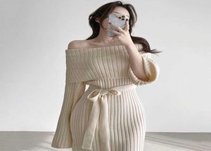 Robes de pull à tricot coréen doux une jupe longue du design français du sens de la robe à manches longues tricotée femme039s y10159581931