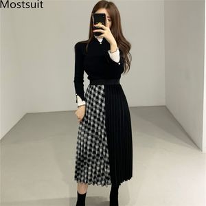 Koreaanse dames gebreide tweedelige rok sets outfits vrouwen herfst gesplitste trui + geruite kleur geblokkeerde geplooide pakken 210518