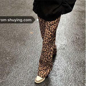 Koreaanse luipaard print wijde been broek hoge taille rechte buis casual losse dunne moppen vrouwen mode zweet 211115