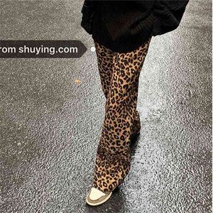 Coréen imprimé léopard large jambe pantalon taille haute tube droit décontracté lâche mince vadrouille mode sueur 210915