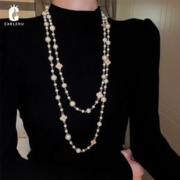 Coréen Long Double couche simulé collier de perles pour les femmes pull chaîne colliers femme Collares déclaration bijoux 240312