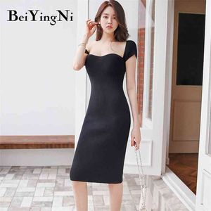 Coréen Long Robe En Tricot Maigre Casual Fête Élégant Noir Sexy Paquet Hip Club Vintage Mode Mince 210506