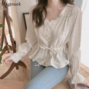 Koreaanse Lange Mouwen Vrouwen Shirt Wit Vintage V-hals Losse Blouses Tops Kleding Lente Lace Up Button Blusas 9590 210512