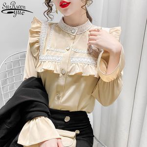 Koreaanse losse elegante witte blouse femme kant knop omhoog shirts voor vrouwen ruches vintage lange mouw dames tops 12477 210427