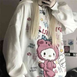 Koreaanse losse lange mouwen witte sweatshirt vrouwen oversized kawaii anime hoodie vintage roze tops vrouwelijke schattige hoodies 210809