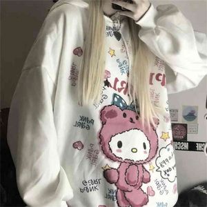 Koreaanse losse lange mouwen witte sweatshirt vrouwen oversized kawaii anime hoodie vintage roze tops vrouwelijke schattige hoodies 210809