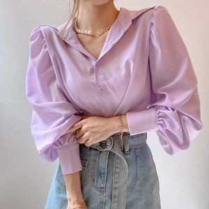 Korean Loose Women Blouse Eenvoudig wit shirt veelzijdige revers reve -toppen met lange mouwen roze elegante blusas 12492 210527