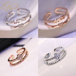 Coréen amour coeur trèfle designer bande anneaux double rangée mode cristal fête de mariage bijoux anneau rose or argent