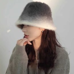 Coréen Net rouge changeant progressivement cheveux de lapin seau chapeau femmes hiver épaissi chaud pêcheur chapeau femmes en peluche bassin chapeau tricoté chapeau 231015