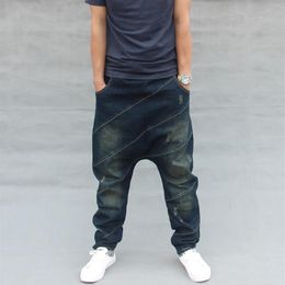 Coréen nouvelle mode hommes sarouel bleu foncé Hip Hop lâche coton jean mâle taille élastique Baggy jean pantalon croisé pantalones276J