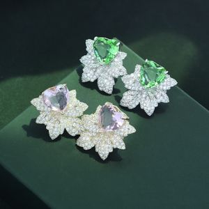 Coreano Nuevo Romántico Pendientes de Corazón de Circón Verde Flor de Hoja de Diseñador Pendientes de Plata s925 Conjunto Micro Femenino Encantador Pendientes de Circón Accesorios de Joyería de Alta Gama