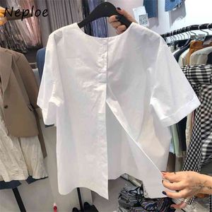 Koreaanse O hals Korte Split Blouse Tops Zomer Wit Korte Mouw Shirts Dames Elegante Pullover Top Blusas 1D978 210422