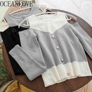 Koreaanse Off Shoulder Sweaters Dames Mode Herfst Holle Contrast Kleur Pullovers Knitwear Tops 17905 210415