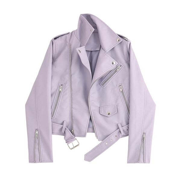 Coréen Oversize Faux Veste en cuir pour femmes Printemps Auutmn Zipper Purple Manteau Dames Biker Moto Outwear avec ceinture 210525