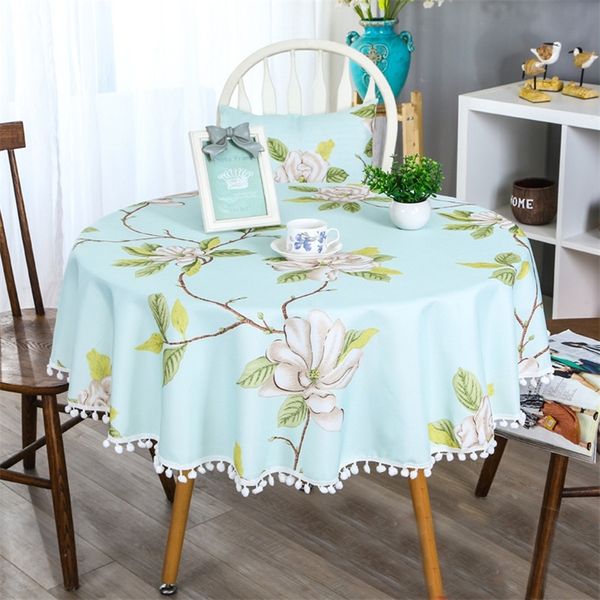 Pastoral coreana de encaje de mesa redonda de tela impermeable cubierta de la tabla de la impresión floral de la borla mantel de café para la decoración de la mesa de jardín T200107
