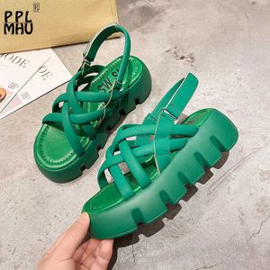 Korean Peep Toe Sandals Retro Summer Green Platform Hollow Cover Roman 2022 Fashion Outdoor Non-Slip Casual Beach Shoes T221209 458