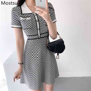 Koreaanse plaid gebreide vrouwen jurk zomer korte mouw turn-down kraag A-lijn mini jurken vintage elegante partij vestidos 210513