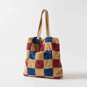 Korean Plaid Patchwork Casual Tote voor vrouwen Japanse canvas shopper vrouwelijke handtassen weer aan het werk Weekend dames schoudertas 220512